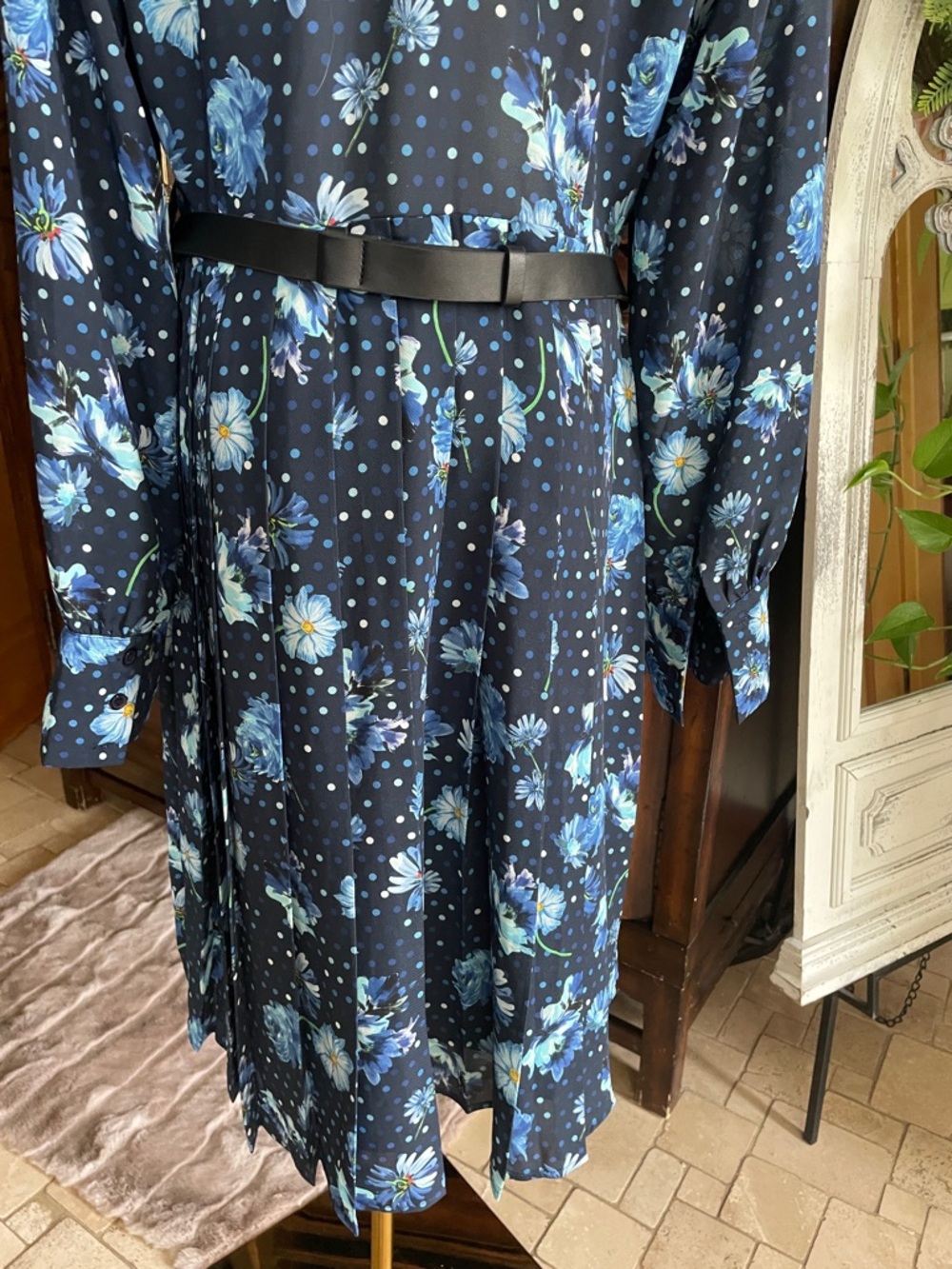 Gracia Navy Floral Tie-Neck Long Sleeve Dress Belt Spring Tea Party Large - Picture 14 of 14